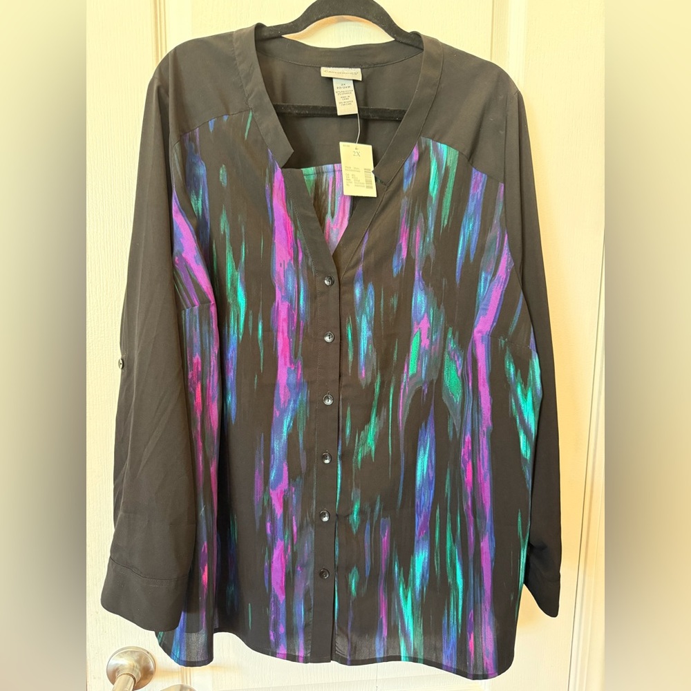 Catherines Tunic Top 2X NWT Black Multicolor Long Sleeve Button Front Plus Size